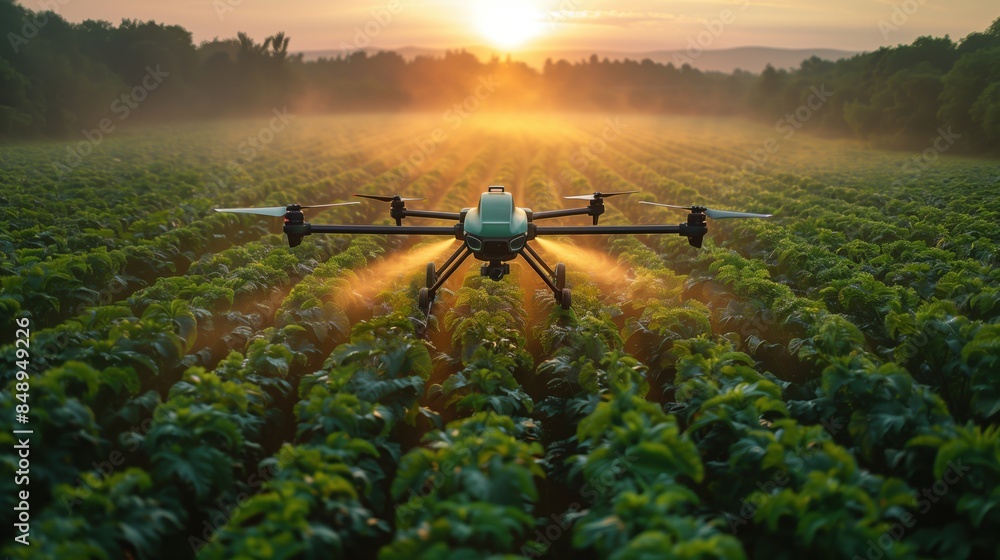 Fototapeta premium Drone Spraying Crops in Sunrise Field. Drone sprays crops in a field at sunrise, illustrating the integration of advanced technology in modern agricultural practices.