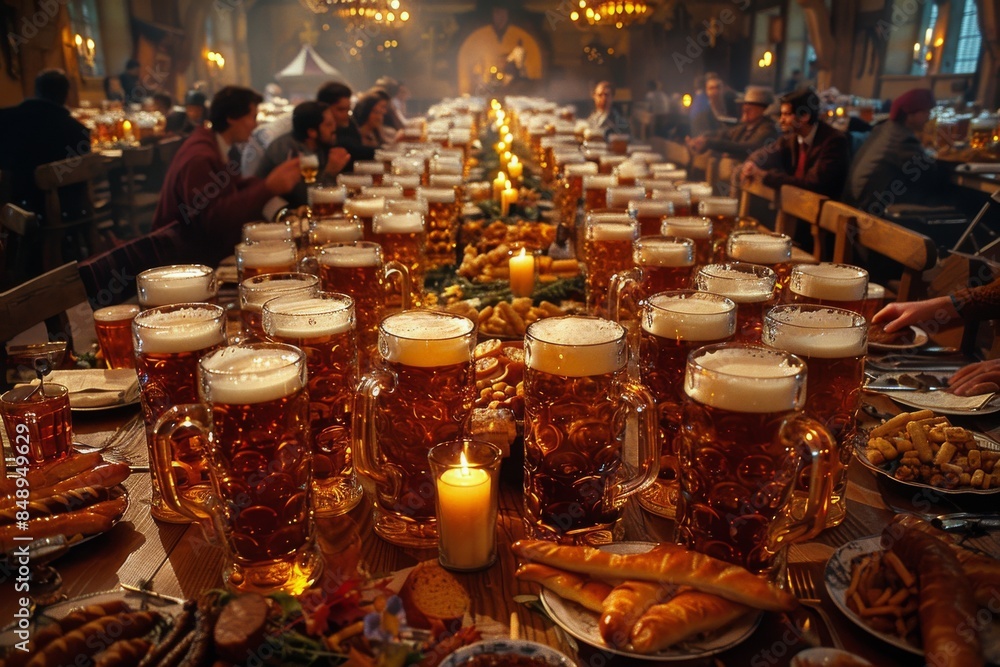 A Long Table Filled With Beer Steins and Food at a German Oktoberfest Celebration A Long Table Filled With Beer Steins and Food at a German Oktoberfest Celebration