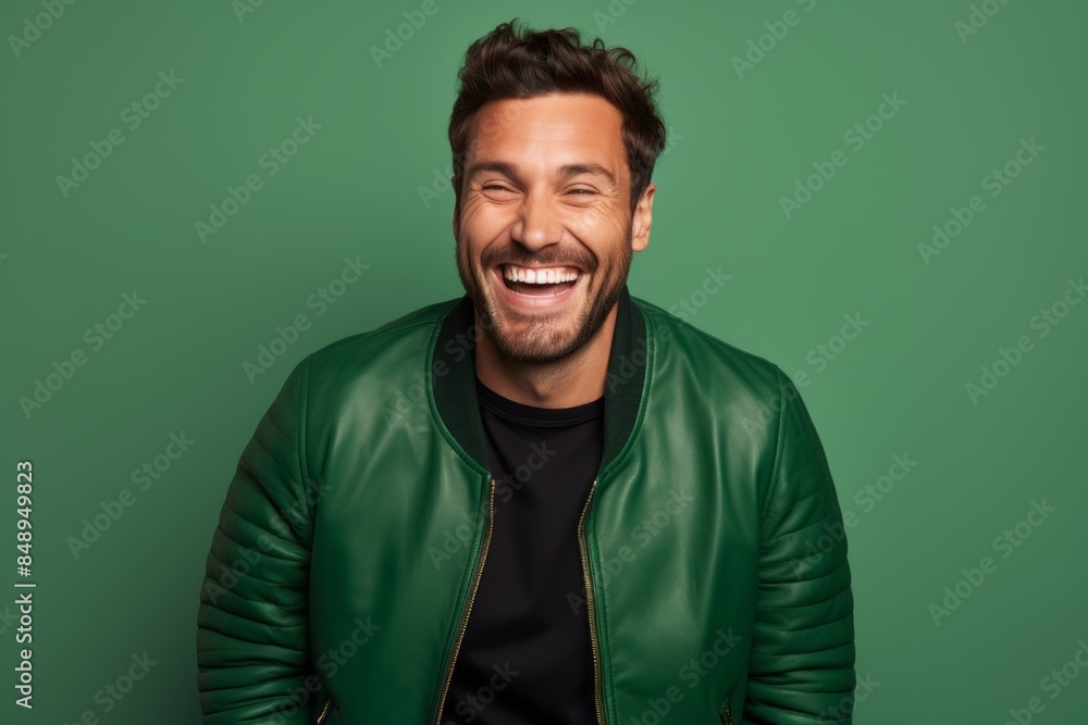 Portrait of a happy man in his 30s wearing a trendy bomber jacket isolated on solid color backdrop Portrait of a happy man in his 30s wearing a trendy bomber jacket isolated on solid color backdrop