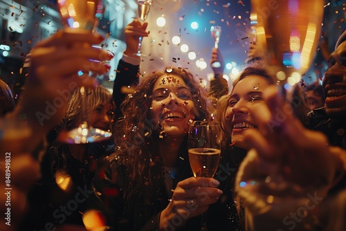 Friends Celebrating With Champagne and Confetti at a Nighttime Event