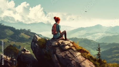 Solo traveler sitting on a mountain edge overlooking a foggy valley with distant peaks under a soft sky. Explorer or tourist sitting at valley and relaxing while enjoy looking natural view. AIG35. © Summit Art Creations