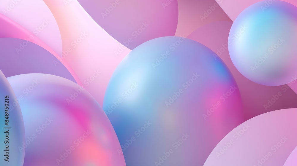 3D rendering. Pink and blue pastel balls on a pink background. Abstract background with simple shapes.
