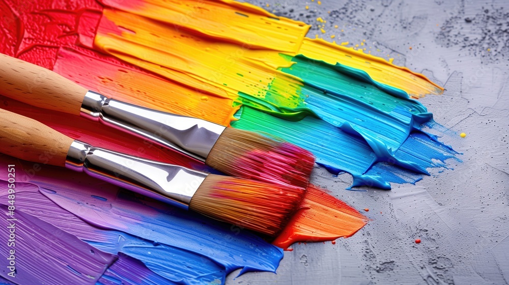 Fototapeta premium Vibrant Rainbow Colors with Paintbrushes on Textured Surface Creative Art Background.