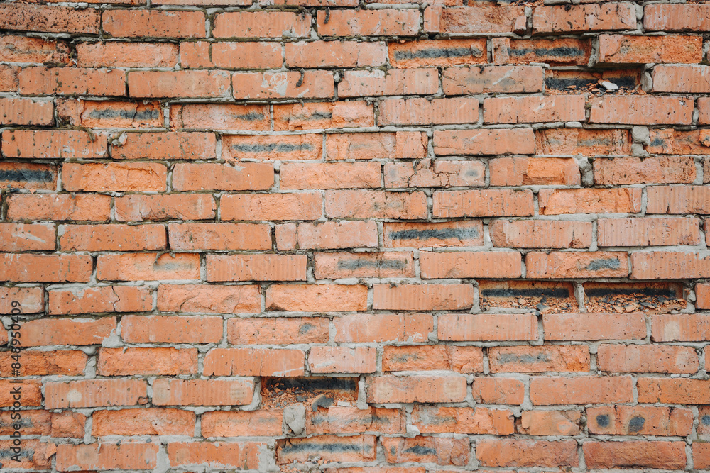 Fototapeta premium old brick wall, red and white colour, broken bricks, peeling plaster, vintage texture, background for banner, copy space