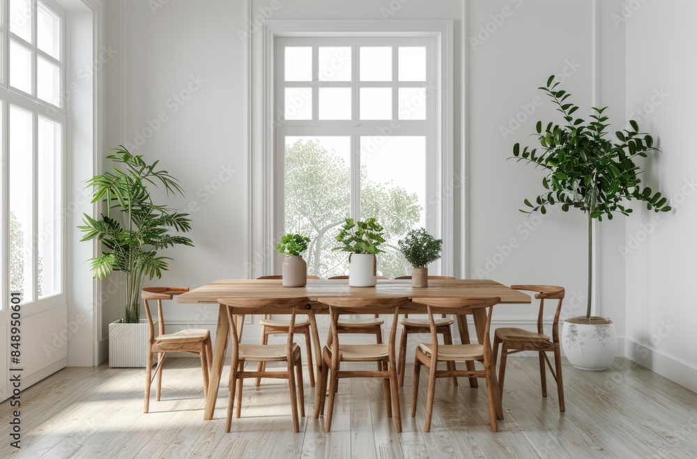 Light Filled Dining Room With Wooden Table and Chairs, Natural Woven Rug, and Large Plant Light Filled Dining Room With Wooden Table and Chairs, Natural Woven Rug, and Large Plant
