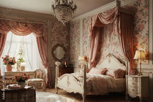 A luxurious vintage bedroom with ornate furniture, floral wallpaper, and elegant drapery. The room features a large bed with a tufted headboard, a chandelier, and a dresser with a mirror.