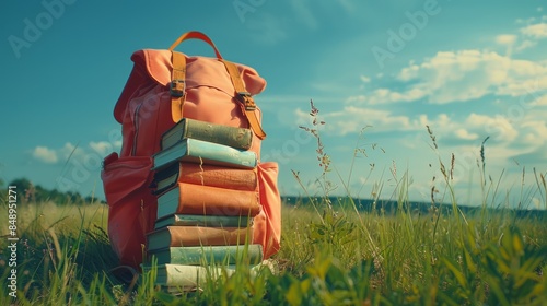 Orange Backpack and Stacked Books in a Meadow