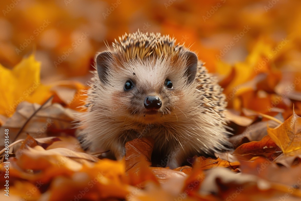 Baby Hedgehog: A tiny baby hedgehog with soft quills, curled up into a ball on a bed of fallen leaves. Baby Hedgehog: A tiny baby hedgehog with soft quills, curled up into a ball on a bed of fallen leaves.