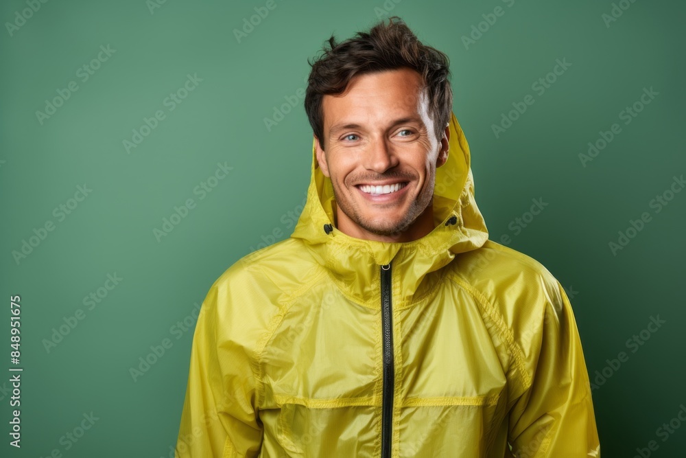Fototapeta premium Portrait of a smiling man in his 30s wearing a lightweight packable anorak isolated on solid color backdrop