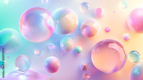3D rendering of a soft pastel colored abstract background with floating spheres and geometric shapes.