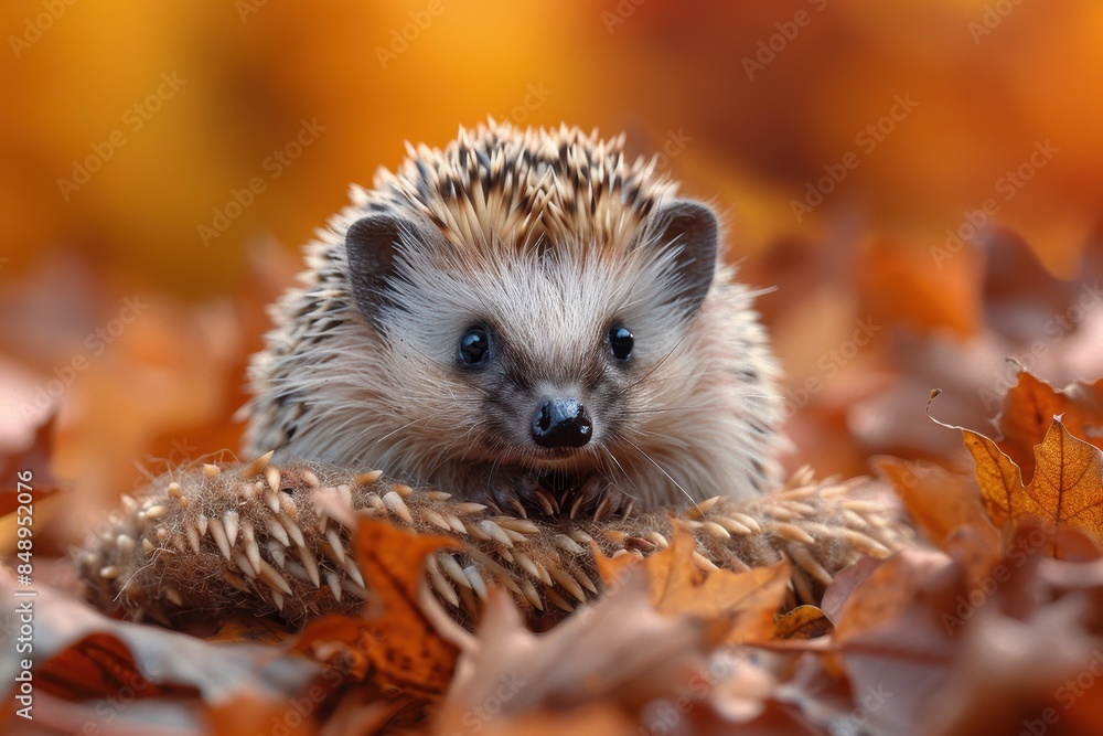 Fototapeta premium Baby Hedgehog: A tiny baby hedgehog with soft quills, curled up into a ball on a bed of fallen leaves. 