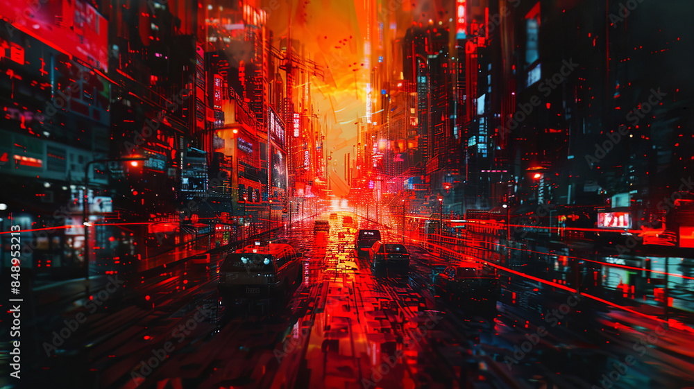 Obraz premium Cyberpunk Cityscape with Neon Lights and Busy Traffic in Rainy Night