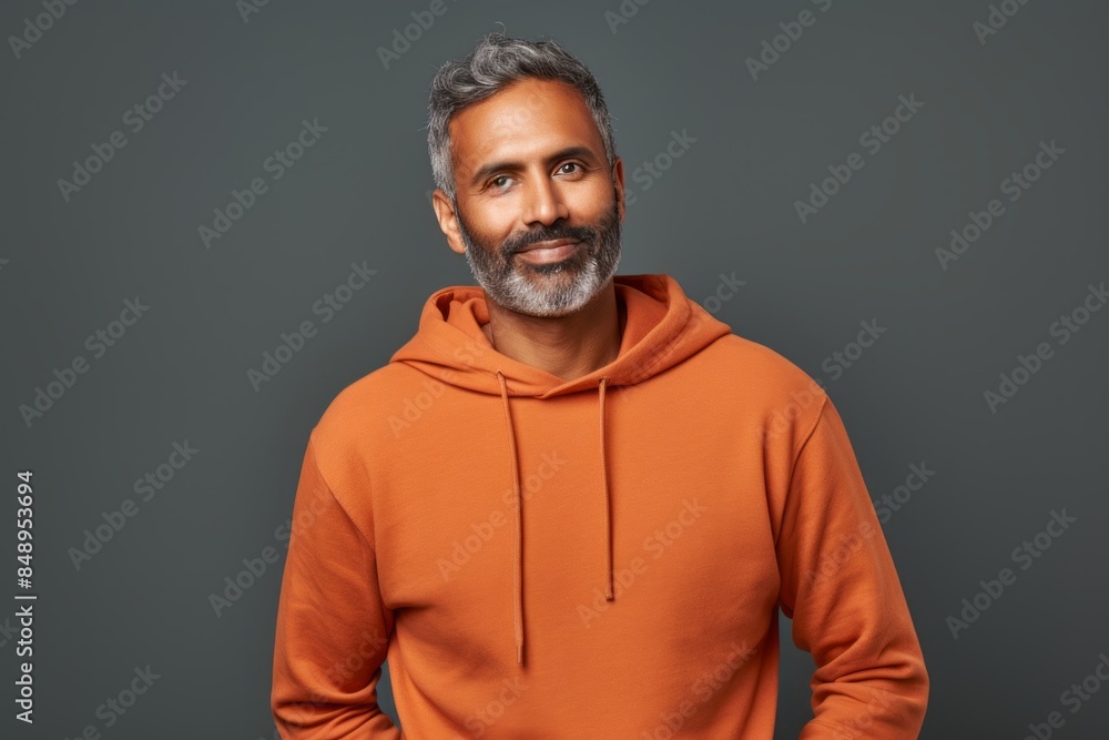 Portrait of a blissful indian man in his 40s dressed in a comfy fleece pullover on solid color backdrop Portrait of a blissful indian man in his 40s dressed in a comfy fleece pullover on solid color backdrop