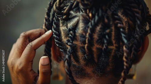 An extreme close-up from the back of a young, beautiful African-American woman gently touching her dreadlocks