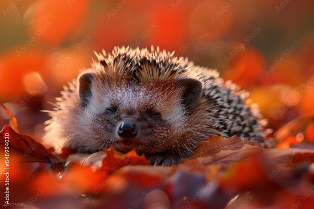 Baby Hedgehog: A tiny baby hedgehog with soft quills, curled up into a ball on a bed of fallen leaves. Baby Hedgehog: A tiny baby hedgehog with soft quills, curled up into a ball on a bed of fallen leaves.