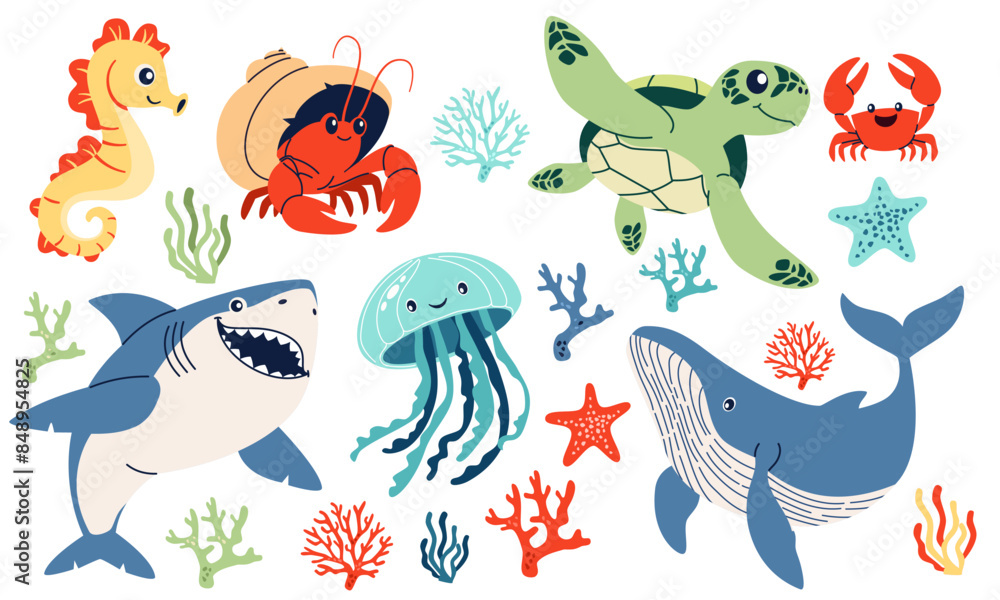 Naklejka premium Set of flat vector illustrations on the theme of marine inhabitants. Cute shark crab crayfish hermit jellyfish turtle seahorse sea stars and corals. . Vector illustration