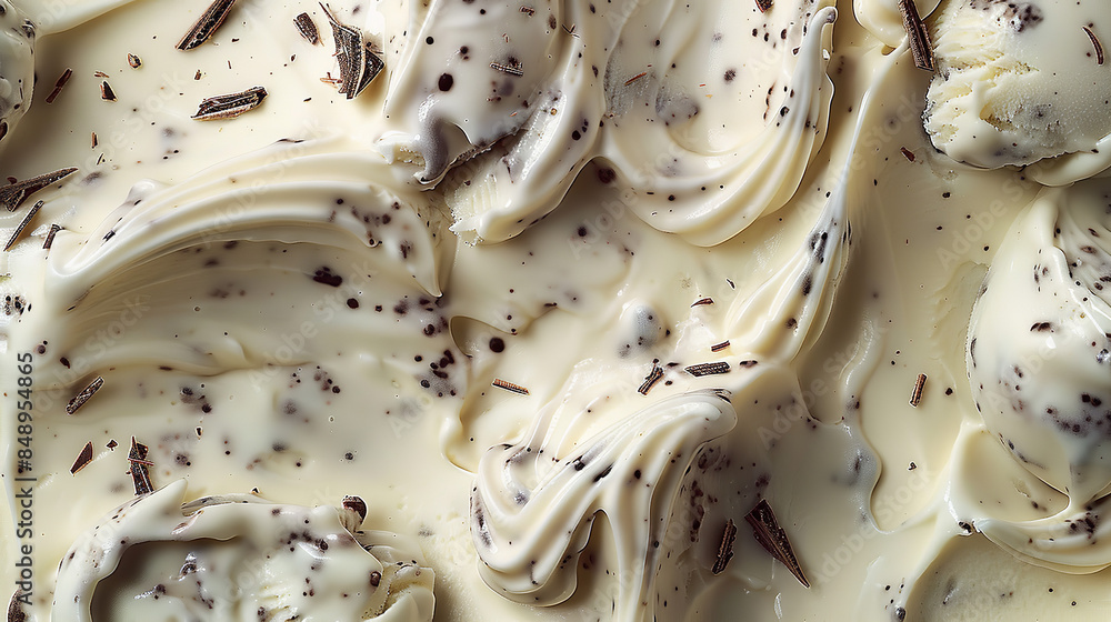In a tantalizing summer food close-up, the creamy texture of stracciatella ice cream gelato is captured from a top view