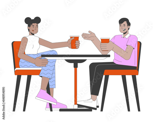 Multiracial friends with drinks at cafe table 2D linear cartoon characters. Man and woman resting in coffeeshop isolated line vector people white background. Communication color flat spot illustration