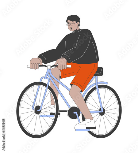 Arab man riding bicycle 2D linear cartoon character. Positive middle eastern male active lifestyle isolated line vector person white background. Healthy activity color flat spot illustration