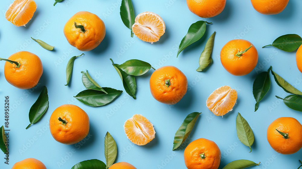 Tasty tangerines with leaves on blue background
Tasty tangerines with leaves on blue background