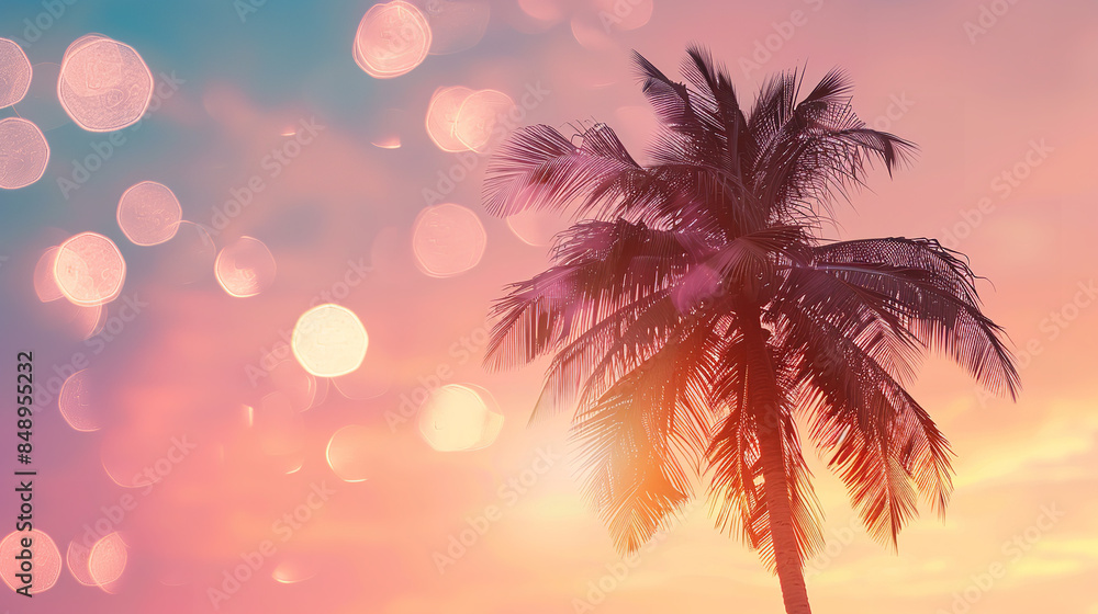 The serene silhouette of a tropical palm tree stands against a breathtaking sunset sky, adorned with bokeh light leaks that create a dreamy abstract background