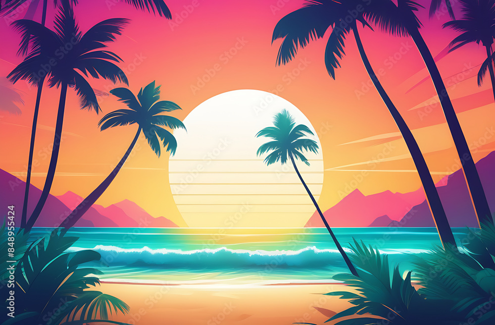 Illustration of sunset on a sand beach, palm trees, sea, summer background Illustration of sunset on a sand beach, palm trees, sea, summer background