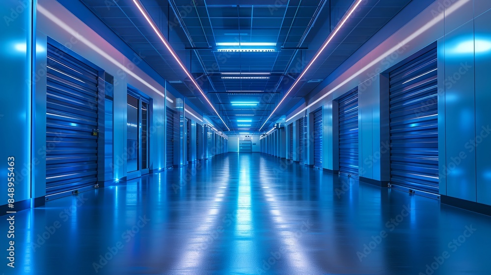 Obraz premium Futuristic Blue Lit Industrial Storage Facility with Metal Shutters