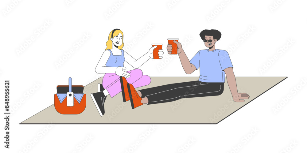Multiethnic friends enjoying picnic 2D linear cartoon characters. Caucasian female and latin male outing isolated line vector people white background. Eating outdoors color flat spot illustration Multiethnic friends enjoying picnic 2D linear cartoon characters. Caucasian female and latin male outing isolated line vector people white background. Eating outdoors color flat spot illustration