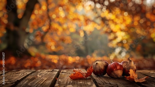 Autumn trees backdrop with three chestnuts resting on wood photo