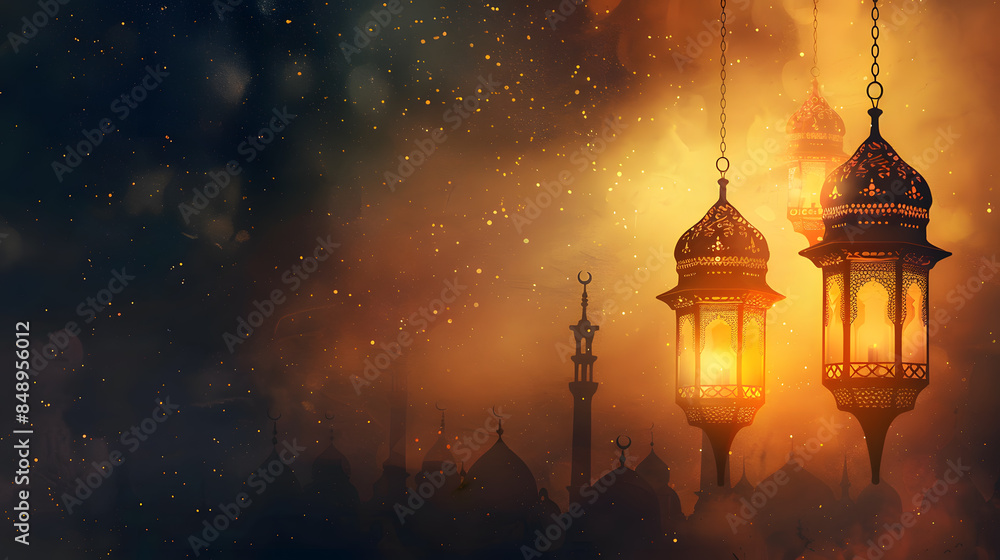 Fototapeta premium Beautiful bright background on the theme of the Muslim, Arabic holiday of Ramadan with its attributes. AI Generated