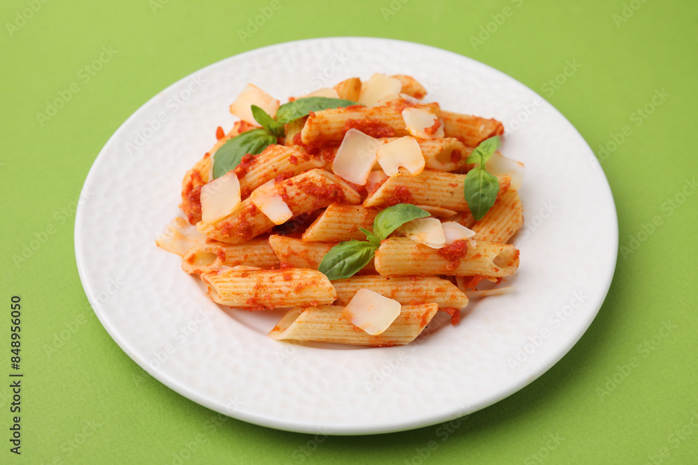 Tasty pasta with tomato sauce, cheese and basil on green background Tasty pasta with tomato sauce, cheese and basil on green background