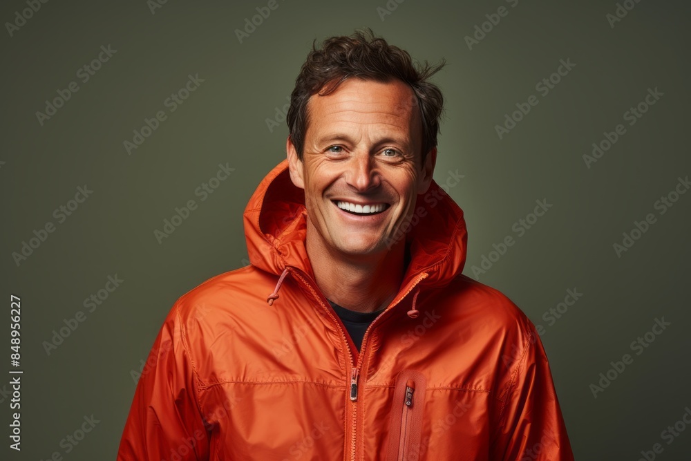 Obraz premium Portrait of a smiling man in his 40s wearing a lightweight packable anorak while standing against solid color backdrop
