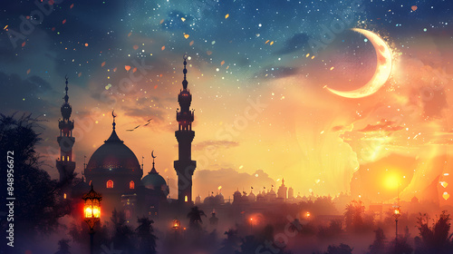 Beautiful bright background on the theme of the Muslim, Arabic holiday of Ramadan with its attributes. AI Generated