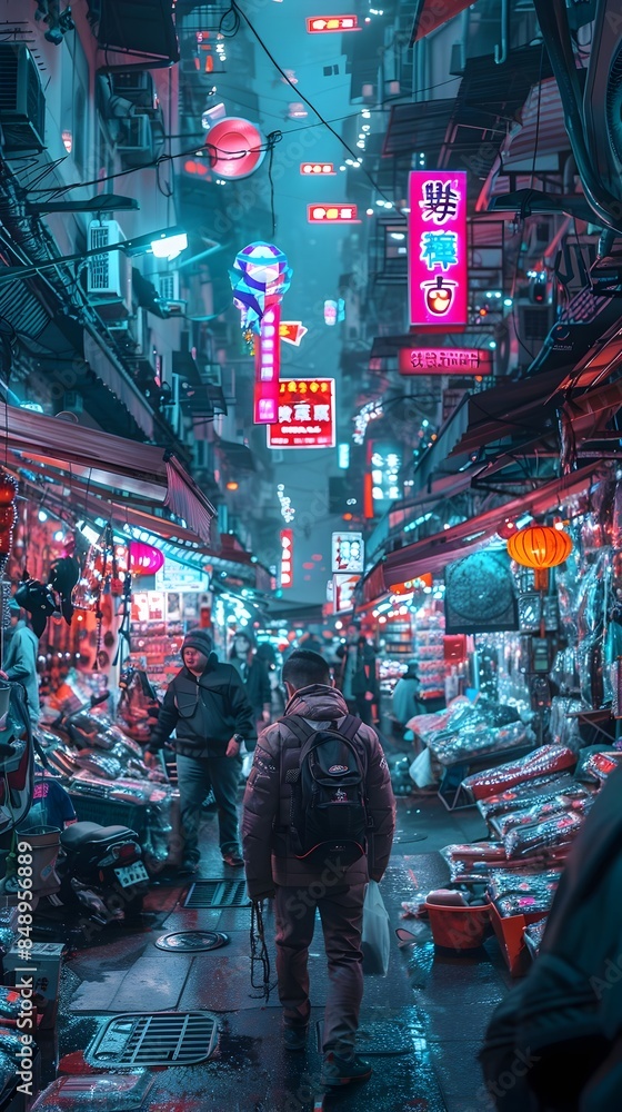 Obraz premium Street Market with Vendors Selling High Tech Gadgets Under Neon Lights