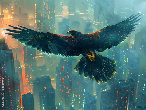 Cybernetic Falcon Soaring Over Neon Lit Futuristic Cityscape with Tech Enhancements