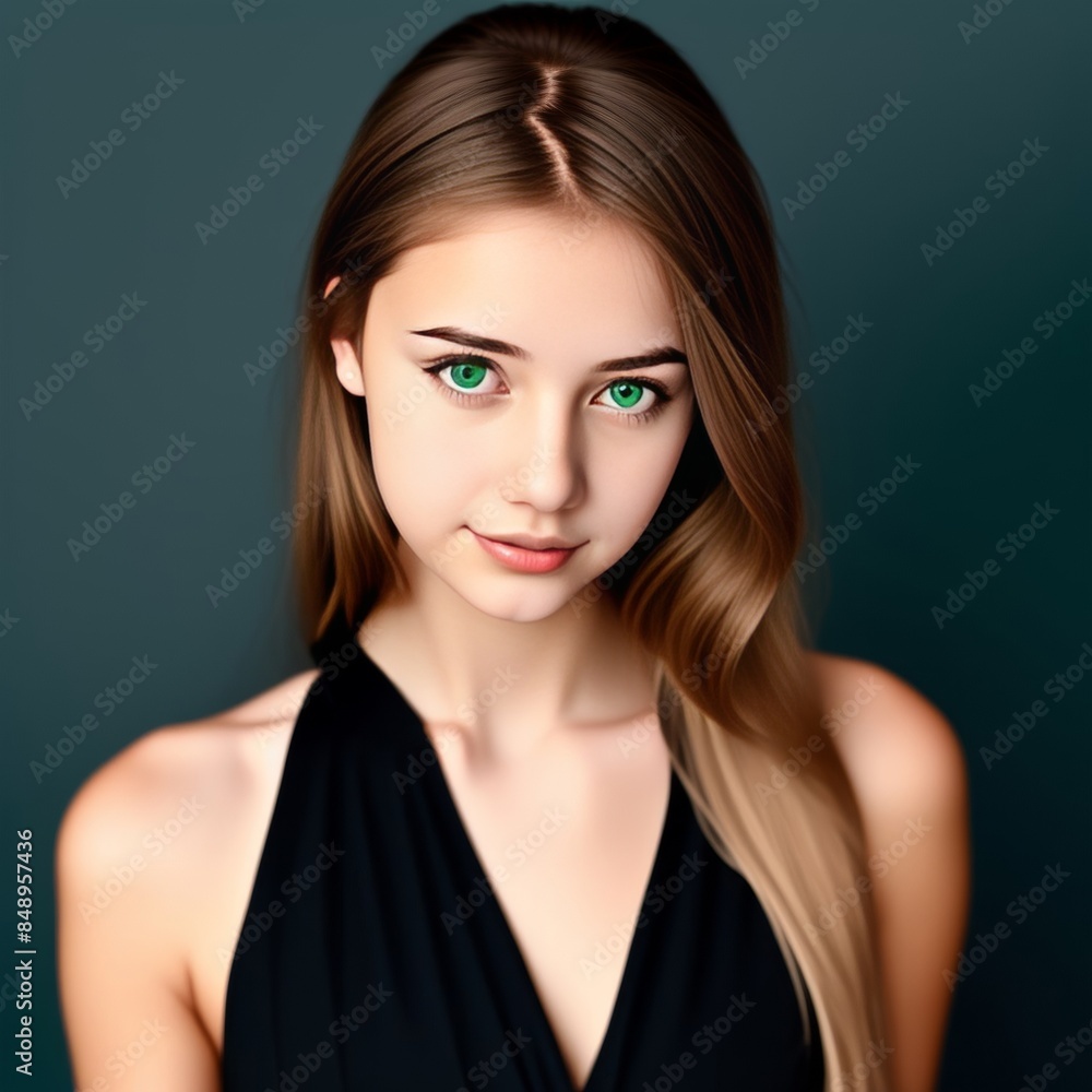 Stylish blonde woman in black dress in green wheat field in sunny day with clouds on background Stylish blonde woman in black dress in green wheat field in sunny day with clouds on background