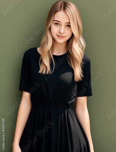 Stylish blonde woman in black dress in green wheat field in sunny day with clouds on background