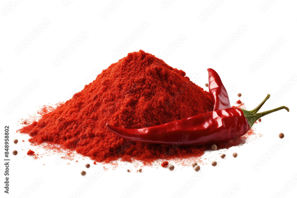 A Fiery Pile: Vibrant Red Chili Powder Beside a Fresh Red Pepper on a Clear PNG or White Background. A Fiery Pile: Vibrant Red Chili Powder Beside a Fresh Red Pepper on a Clear PNG or White Background.