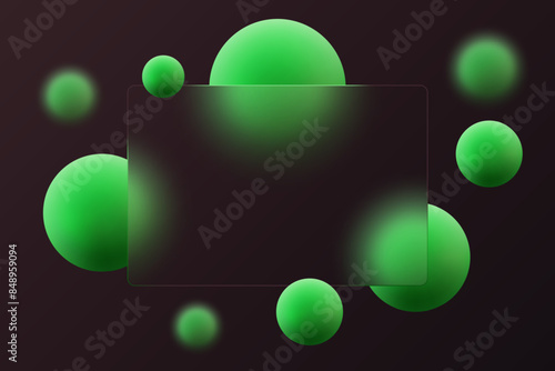 Glass morphism concept with green spheres. Frosted glass effect on a black background.