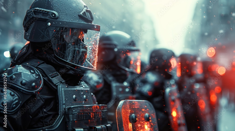 Fototapeta premium Riot Police in Full Gear, Facing a Crowd