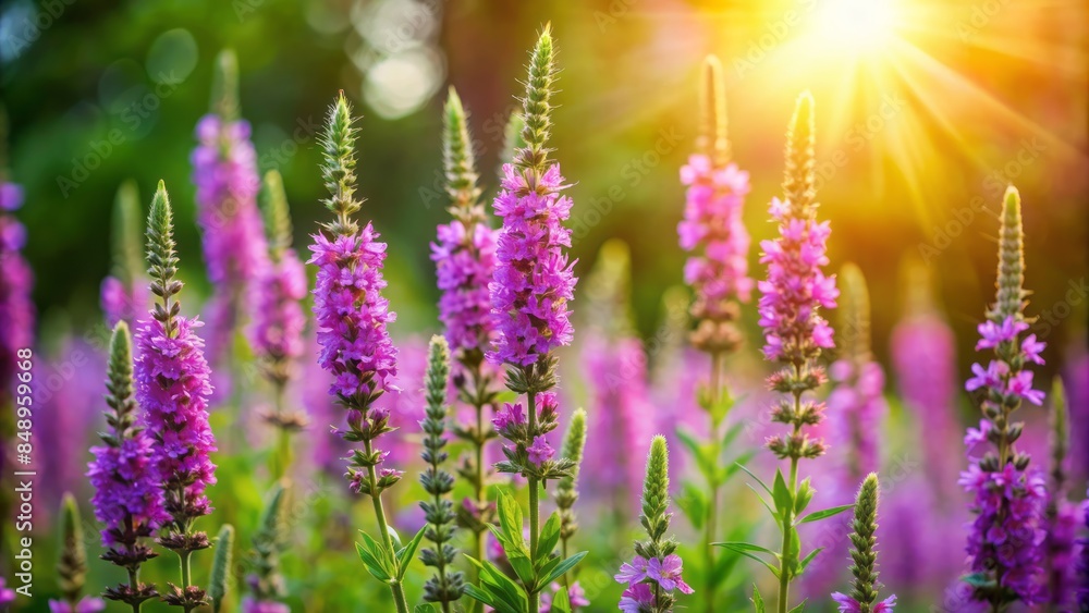 Delicate purple loosestrife flowers sway gently amidst lush green foliage, illuminated by warm sunlight, against a serene, soft-focused natural background. Delicate purple loosestrife flowers sway gently amidst lush green foliage, illuminated by warm sunlight, against a serene, soft-focused natural background.