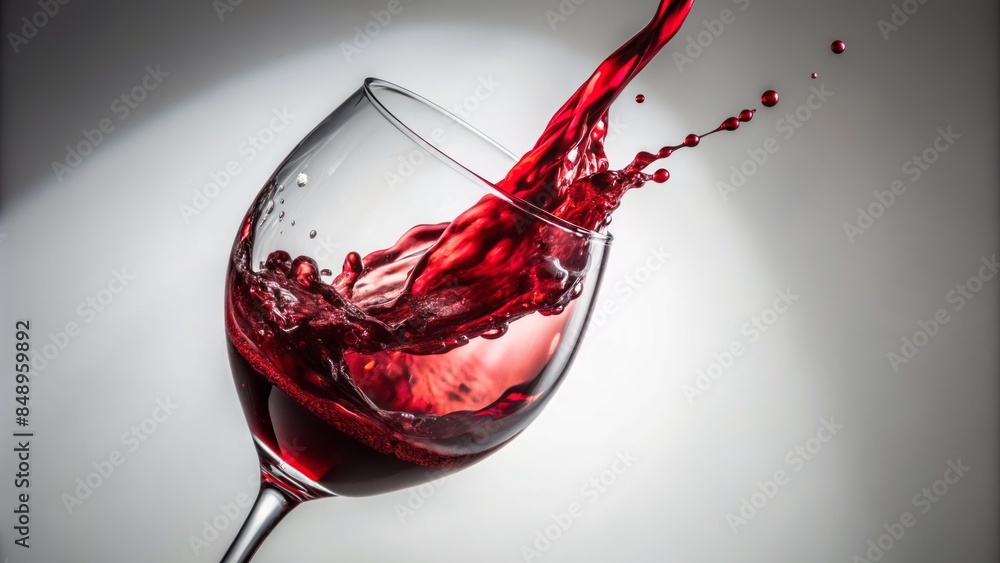Fototapeta premium Rich, velvety red wine cascades into a delicate glass, creating a mesmerizing splash against a pristine white backdrop, exuding luxury and refined sophistication.