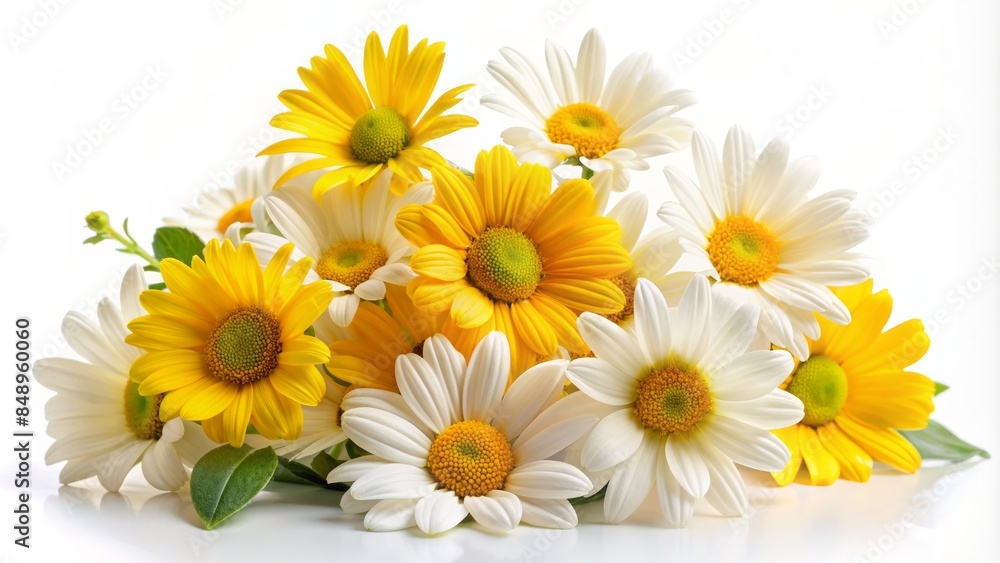Obraz premium Vibrant sunlit daisies bursting with warm yellow petals and lush green leaves arrangements adorn a pristine white background, evoking a sense of joy and serenity.