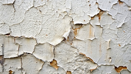 close-up of a distressed, peeling, white wall with intricate cracks and fissures, revealing a worn, aging texture  photo
