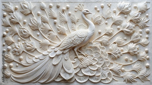 Intricate white marble bas-relief sculpture of a majestic peacock with detailed feathers and textures, set against a clean white background.