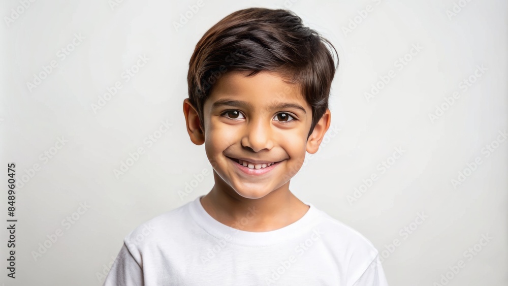 Vibrant creative banner featuring a happy young boy with dark hair and warm brown eyes smiling in a crisp white t-shirt against a clean white background. Vibrant creative banner featuring a happy young boy with dark hair and warm brown eyes smiling in a crisp white t-shirt against a clean white background.