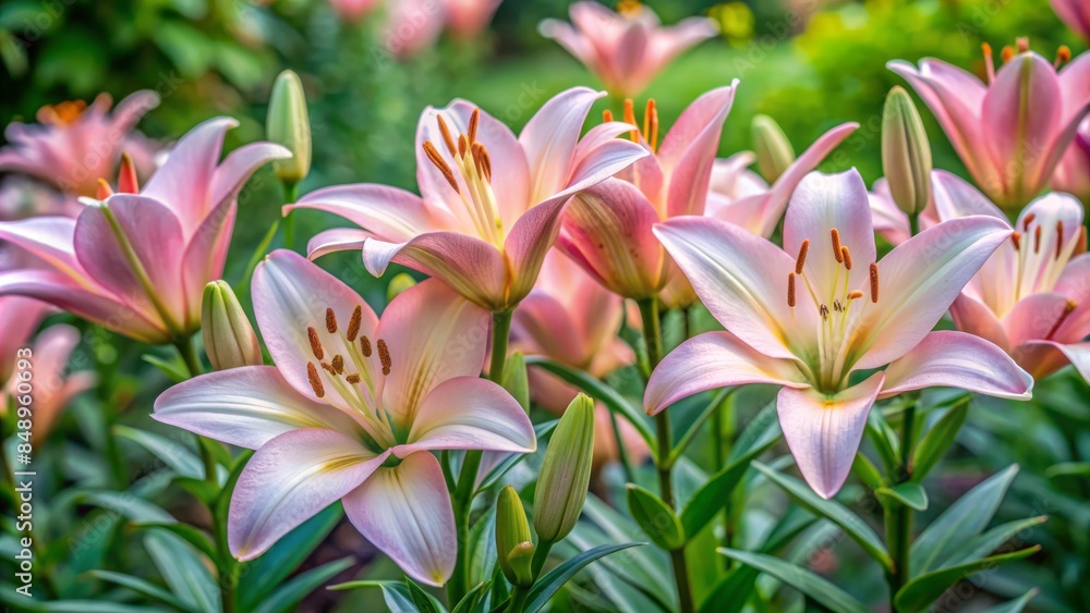 Delicate, pale pink lilies bloom in a lush, verdant garden setting, surrounded by soft, feathery foliage and slender stems, exuding serenity and elegance. Delicate, pale pink lilies bloom in a lush, verdant garden setting, surrounded by soft, feathery foliage and slender stems, exuding serenity and elegance.