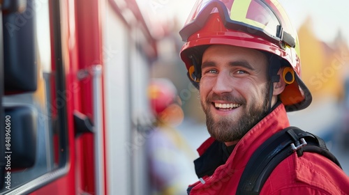 Joyful male firefighter in uniform smiling next to a fire truck