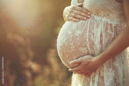 Pregnant woman touching her belly. Ai generative photo