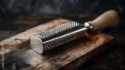 A close-up image of a stainless steel grater on a wooden cutting board. The grater has a rectangular shape and a wooden handle. photo